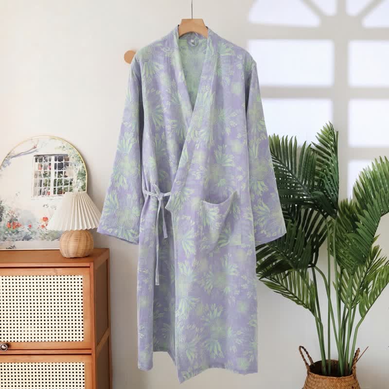 Kimono-Bademantel aus doppellagigem Baumwoll-Doppelgaze mit Pfirsichblütenmuster - Lila - XXL - image 1