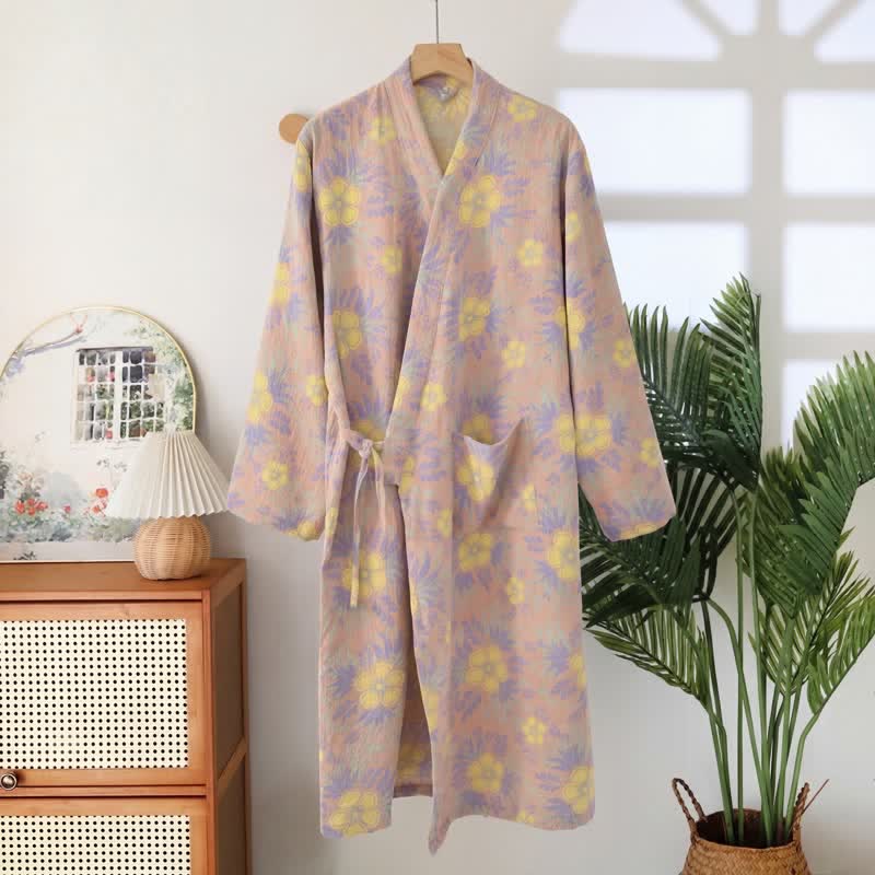 Kimono-Bademantel aus doppellagigem Baumwoll-Doppelgaze mit Pfirsichblütenmuster - Hellrosa - XXL - image 4
