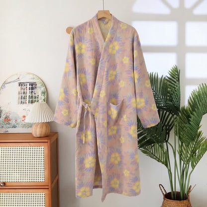 Kimono-Bademantel aus doppellagigem Baumwoll-Doppelgaze mit Pfirsichblütenmuster - Hellrosa - XXL - image 4