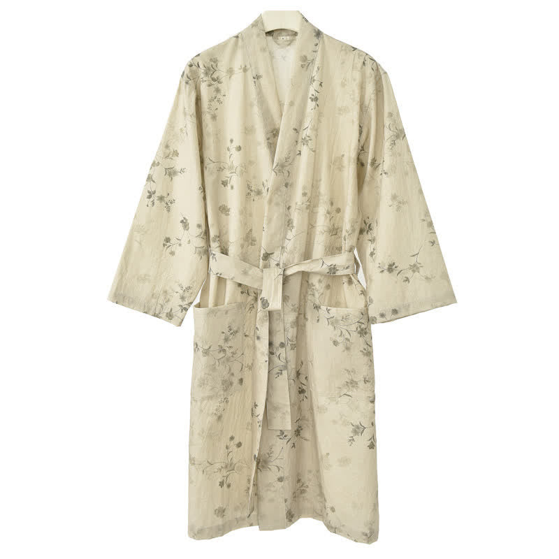 Eleganter Kimono-Bademantel aus Baumwoll-Leinen mit Blumenmuster - image 3