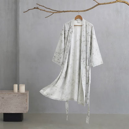 Eleganter Kimono-Bademantel aus Baumwoll-Leinen mit Blumenmuster - Grau - XXL - image 4
