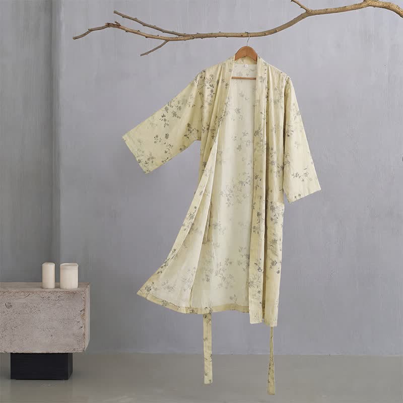 Eleganter Kimono-Bademantel aus Baumwoll-Leinen mit Blumenmuster - Gelb - XXL - image 0