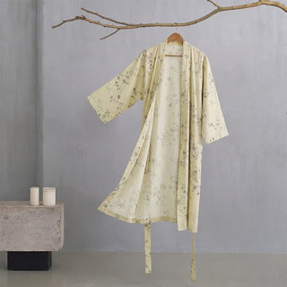 Eleganter Kimono-Bademantel aus Baumwoll-Leinen mit Blumenmuster - Gelb - XXL - image 0