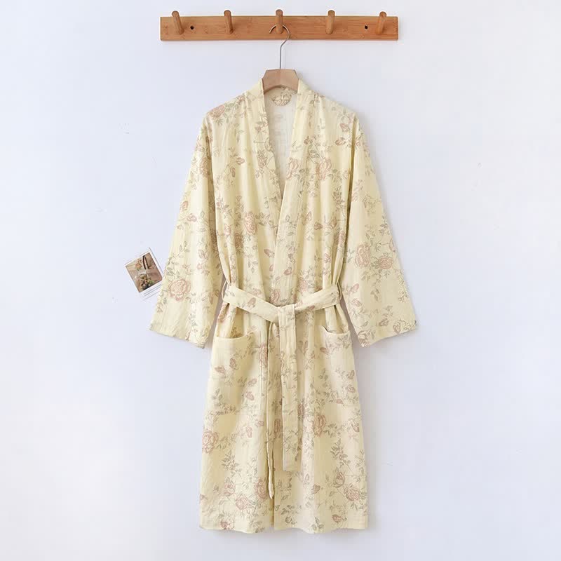 Kimono-Bademantel aus Baumwoll-Leinen mit pastoralem Blumenmuster - Hellgelb - XXL - image 5