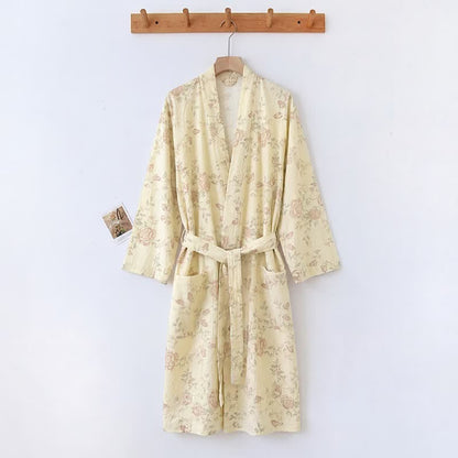 Kimono-Bademantel aus Baumwoll-Leinen mit pastoralem Blumenmuster - Hellgelb - XXL - image 5