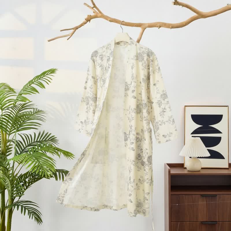 Kimono-Bademantel aus Baumwoll-Leinen mit pastoralem Blumenmuster - image 3