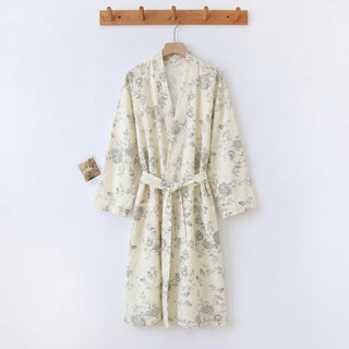 Kimono-Bademantel aus Baumwoll-Leinen mit pastoralem Blumenmuster - Beige - XXL - image 0