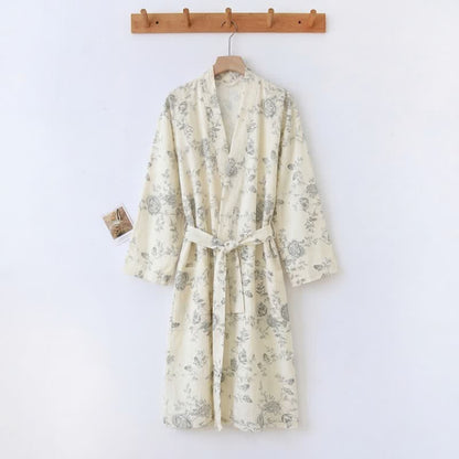 Kimono-Bademantel aus Baumwoll-Leinen mit pastoralem Blumenmuster - Beige - XXL - image 0