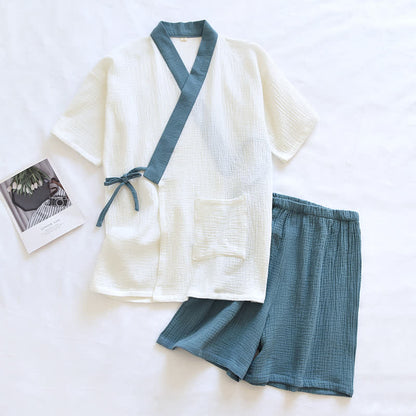 Japanischer Baumwollgaze-Pyjama-Set mit kurzen Ärmeln - Lake Blue - XL - image 4