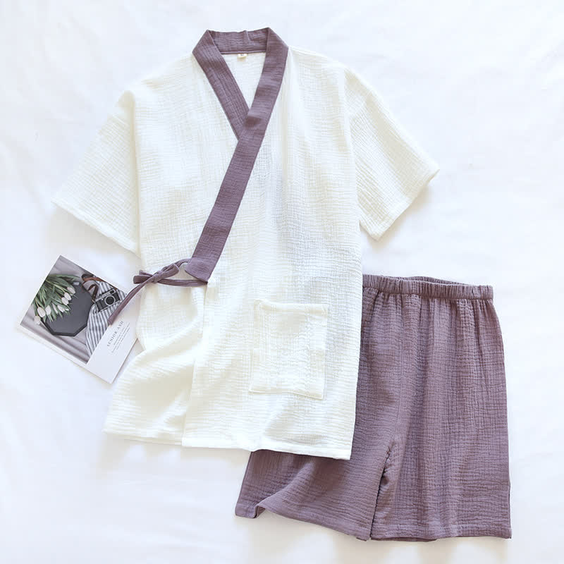 Japanischer Baumwollgaze-Pyjama-Set mit kurzen Ärmeln - Lila - XL - image 3