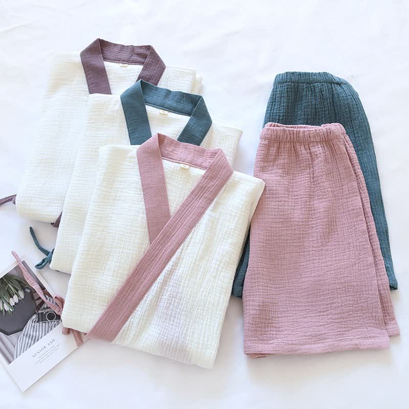 Japanischer Baumwollgaze-Pyjama-Set mit kurzen Ärmeln - image 1