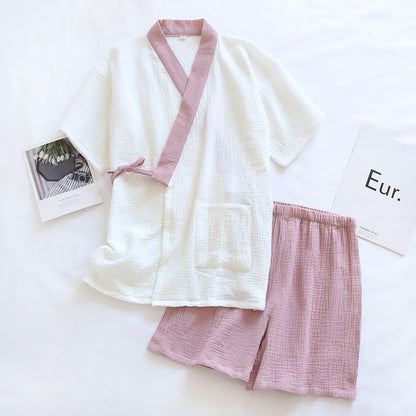 Japanischer Baumwollgaze-Pyjama-Set mit kurzen Ärmeln - Rosa - XL - image 5