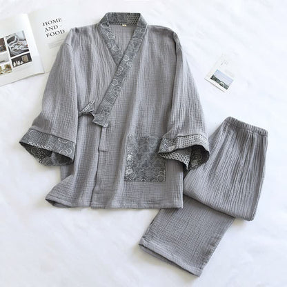 Kimono-Pyjama aus Baumwollgaze im Ethno-Stil - Grau - XL - image 2