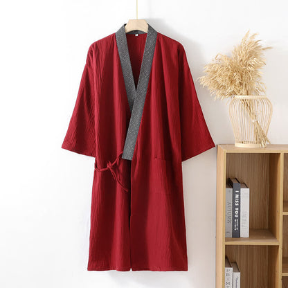 Klassischer Bademantel aus Baumwollgaze mit Zierborte - Rot - XL - image 3
