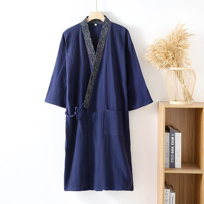 Klassischer Bademantel aus Baumwollgaze mit Zierborte - Marineblau - XL - image 11