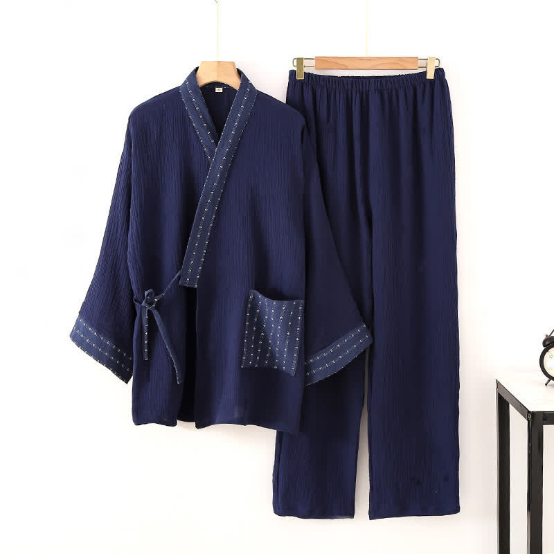 Kimono-Pyjama-Set aus marineblauem Baumwollgaze - Marineblau - XL - image 0