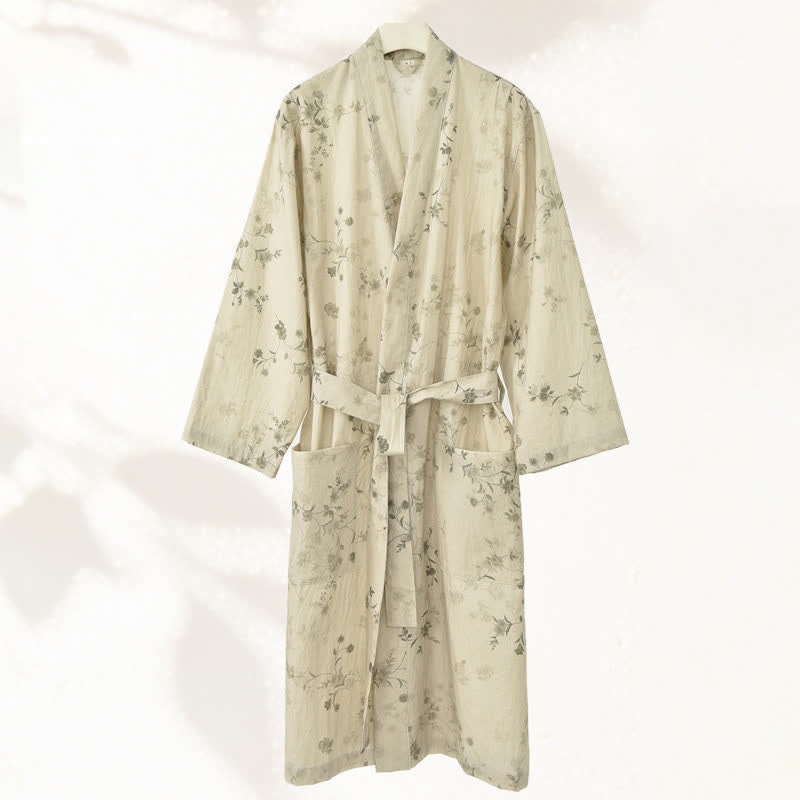 Eleganter Kimono-Bademantel aus Baumwoll-Leinen mit Blumenmuster - image 1