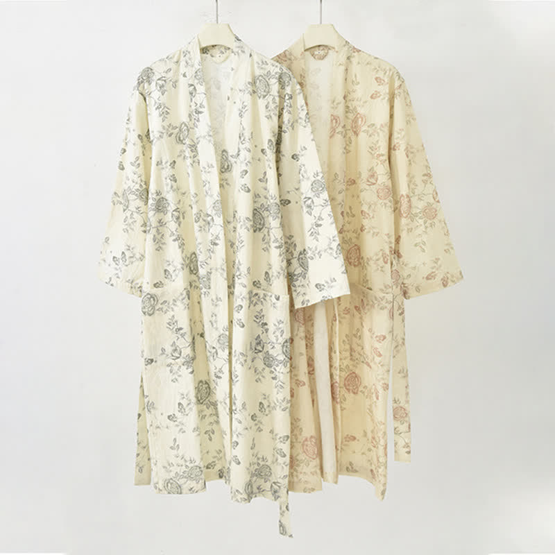 Kimono-Bademantel aus Baumwoll-Leinen mit pastoralem Blumenmuster - image 1