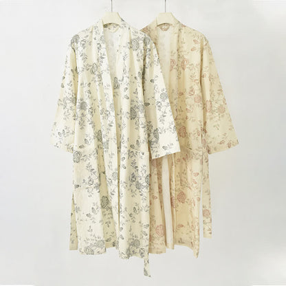 Kimono-Bademantel aus Baumwoll-Leinen mit pastoralem Blumenmuster - image 1