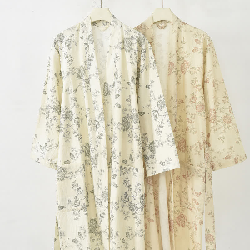 Kimono-Bademantel aus Baumwoll-Leinen mit pastoralem Blumenmuster - image 2