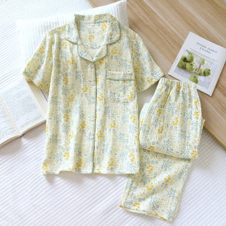Tulpen- und Blätter-Pyjama-Set aus Baumwollgaze - Grün & Gelb - XL - image 0