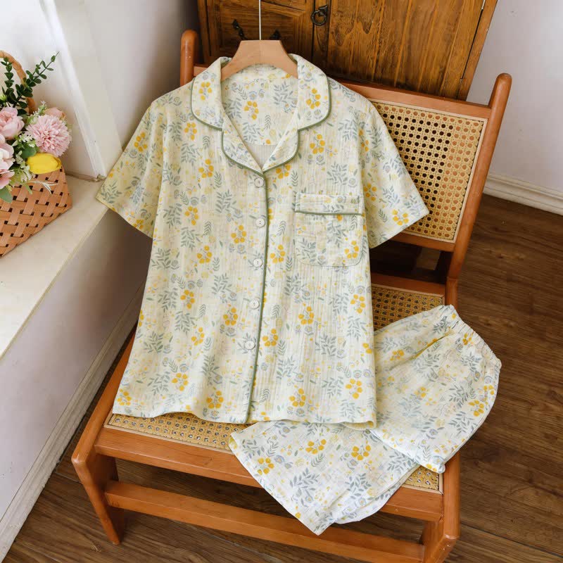 Tulpen- und Blätter-Pyjama-Set aus Baumwollgaze - image 1
