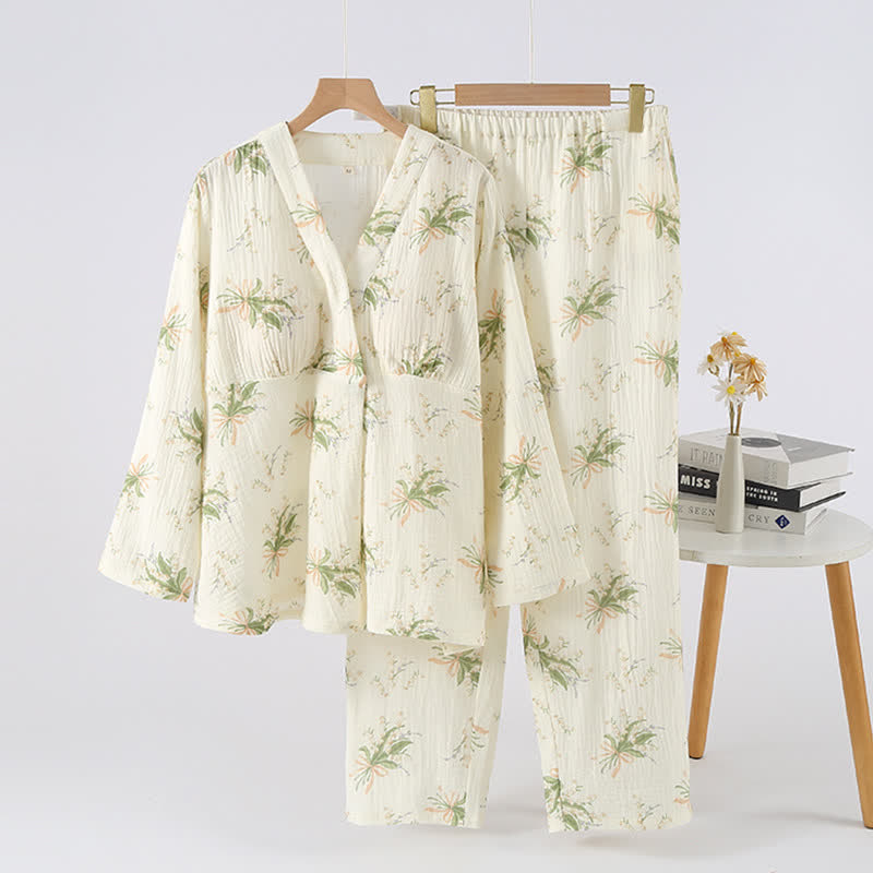 Pyjama-Set aus Baumwollgaze mit Blumenstrauß - Grün & Beige - XL - image 0