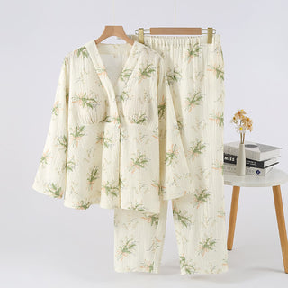 Pyjama-Set aus Baumwollgaze mit Blumenstrauß - Grün & Beige - XL - image 0