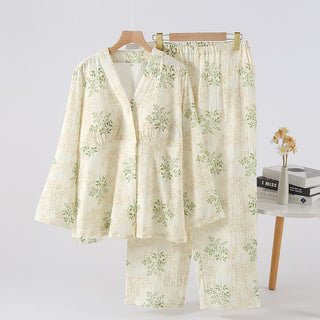 Pyjama-Set aus Baumwollgaze mit botanischem Blattmotiv - Grün & Beige - XL - image 0