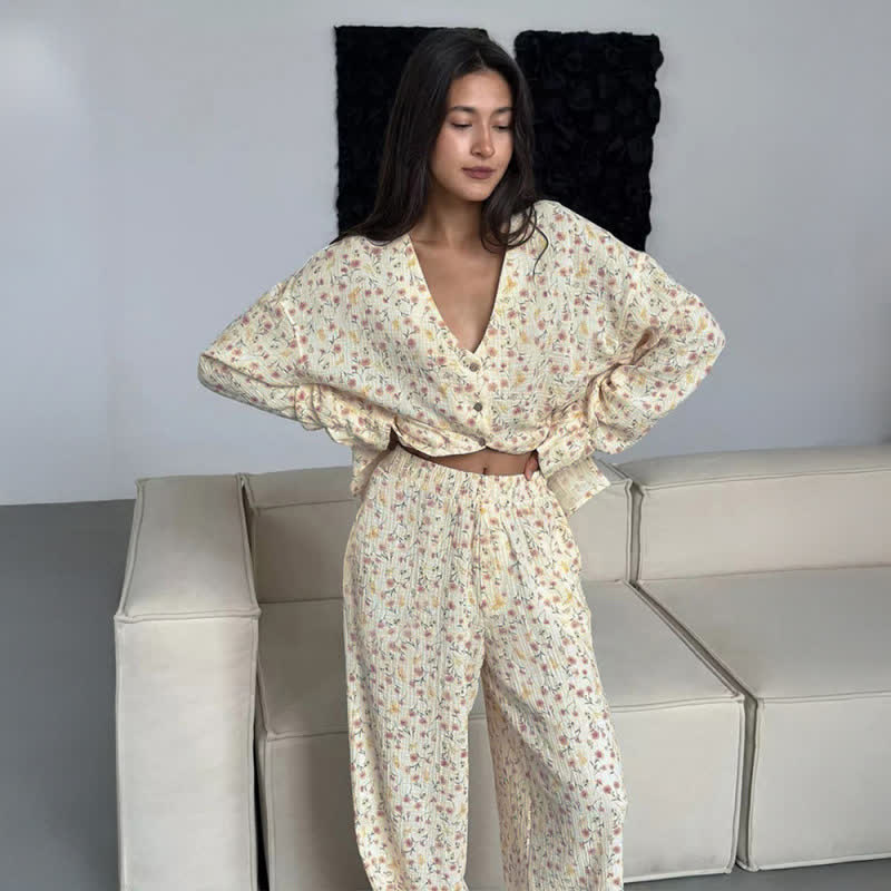Baumwoll-Pyjama-Set mit V-Ausschnitt und Blumenmuster - Beige - XL - image 0