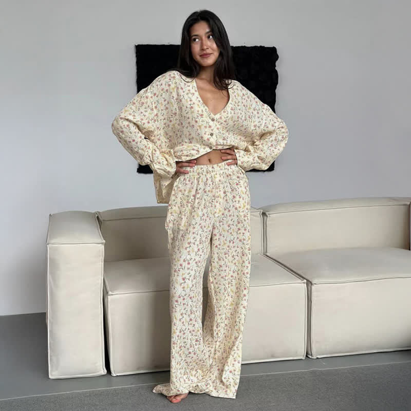 Baumwoll-Pyjama-Set mit V-Ausschnitt und Blumenmuster - image 2