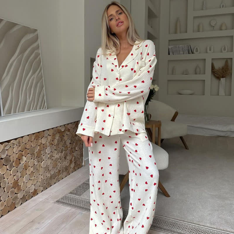 Pyjama-Set aus Baumwolle mit rotem Herzmuster - Aprikose - XL - image 0