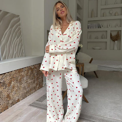 Pyjama-Set aus Baumwolle mit rotem Herzmuster - Aprikose - XL - image 0