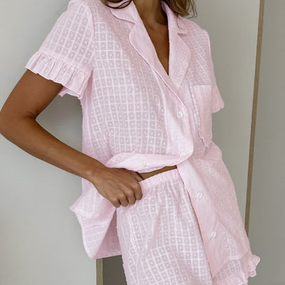 Pyjama-Set aus kariertem Baumwoll-Jacquard mit Rüschen - image 2