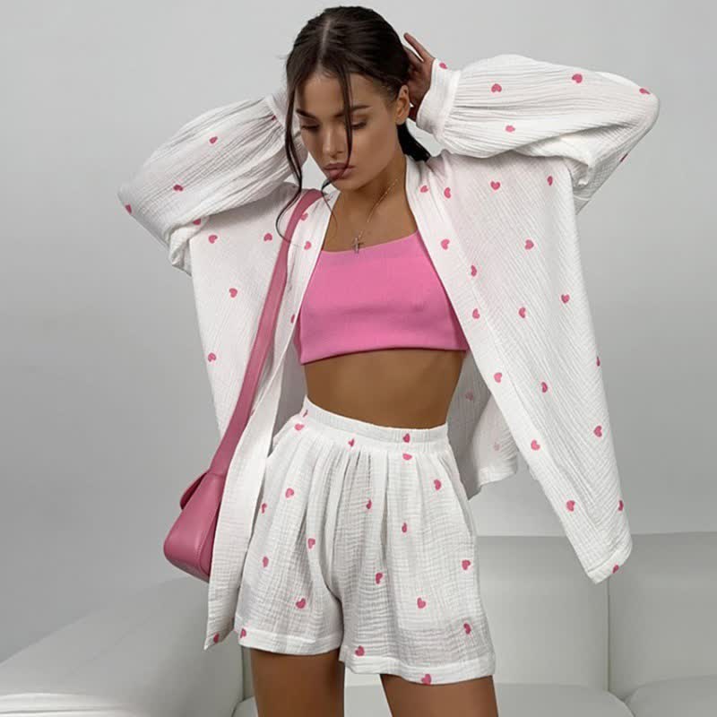 Wickelpyjama-Set aus Baumwolle mit Herzmuster - Rosa - L - image 0
