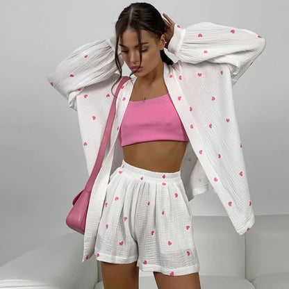 Wickelpyjama-Set aus Baumwolle mit Herzmuster - Rosa - L - image 0