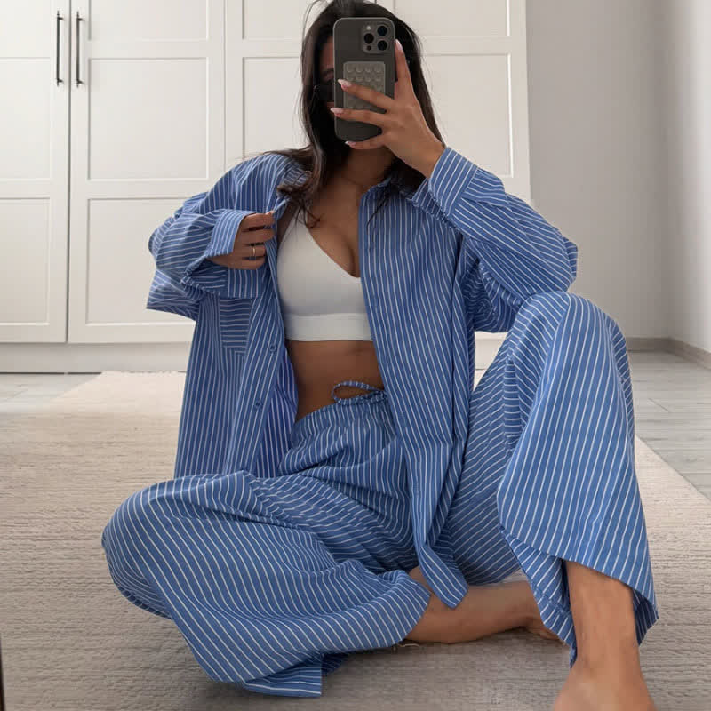 Klassisches Pyjama-Set mit vertikalen Streifen - Blau - L - image 2