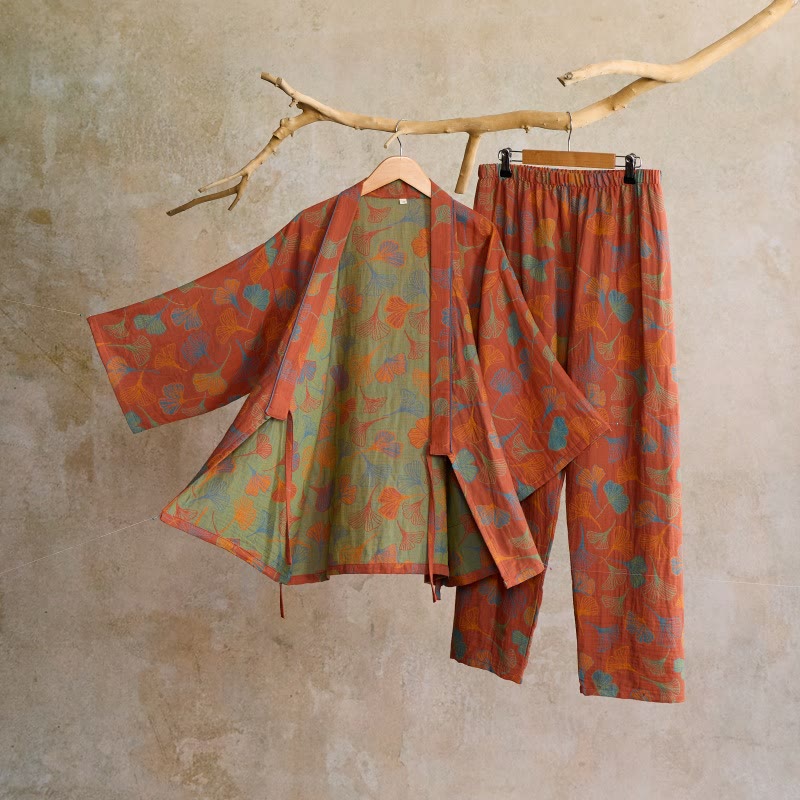 Kimono-Loungewear-Set aus Ginkgo-Baumwollgaze - Wein - XL - image 10