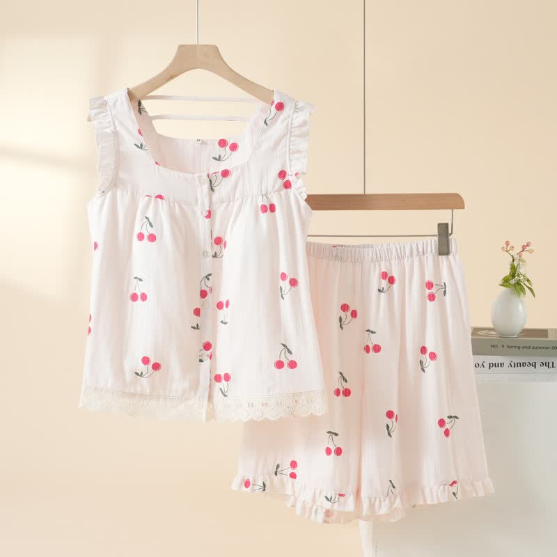Kirschfarbener Baumwoll-Pyjama-Set mit kurzen Ärmeln - Rosa - XL - image 1