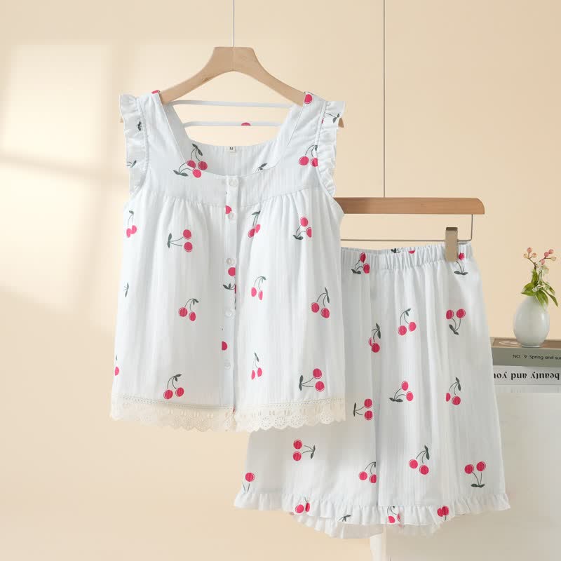 Kirschfarbener Baumwoll-Pyjama-Set mit kurzen Ärmeln - Blau - XL - image 2