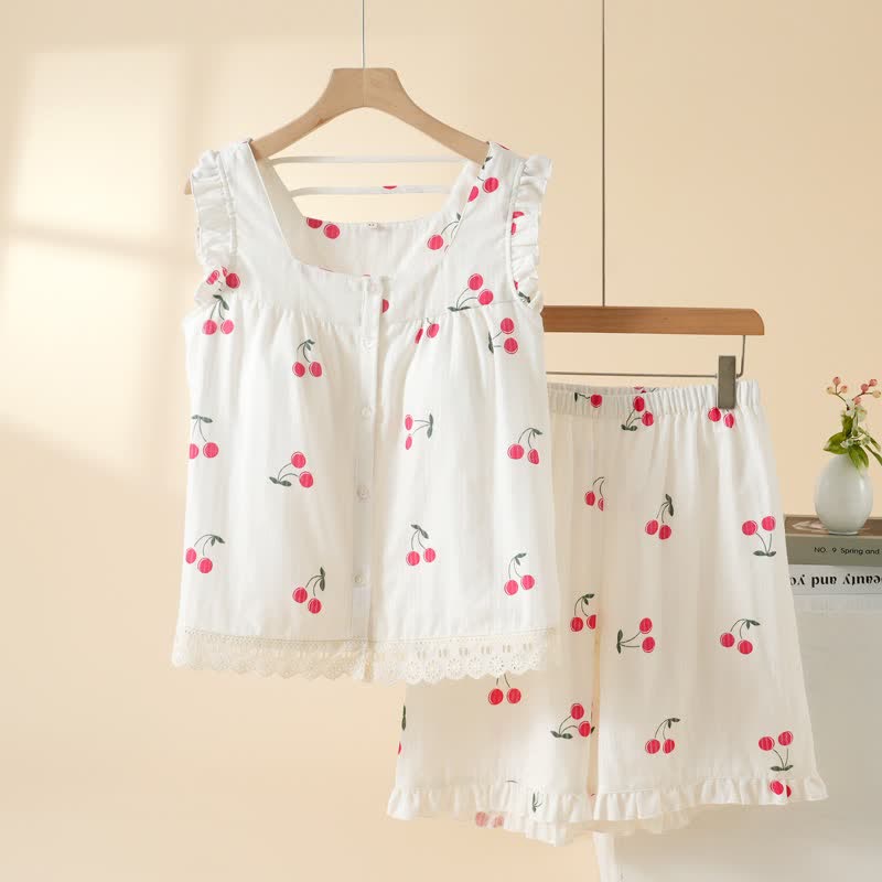 Kirschfarbener Baumwoll-Pyjama-Set mit kurzen Ärmeln - Weiß - XL - image 0