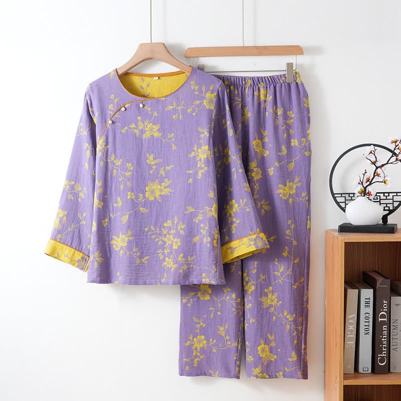 Asiatisch inspirierter Baumwoll-Pyjama mit Blumenmuster - Lila - XXL - image 0