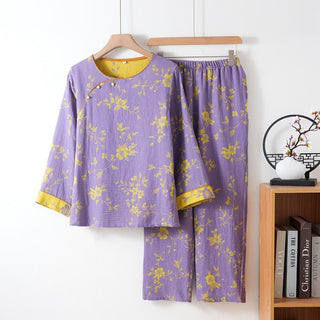 Asiatisch inspirierter Baumwoll-Pyjama mit Blumenmuster - Lila - XXL - image 0