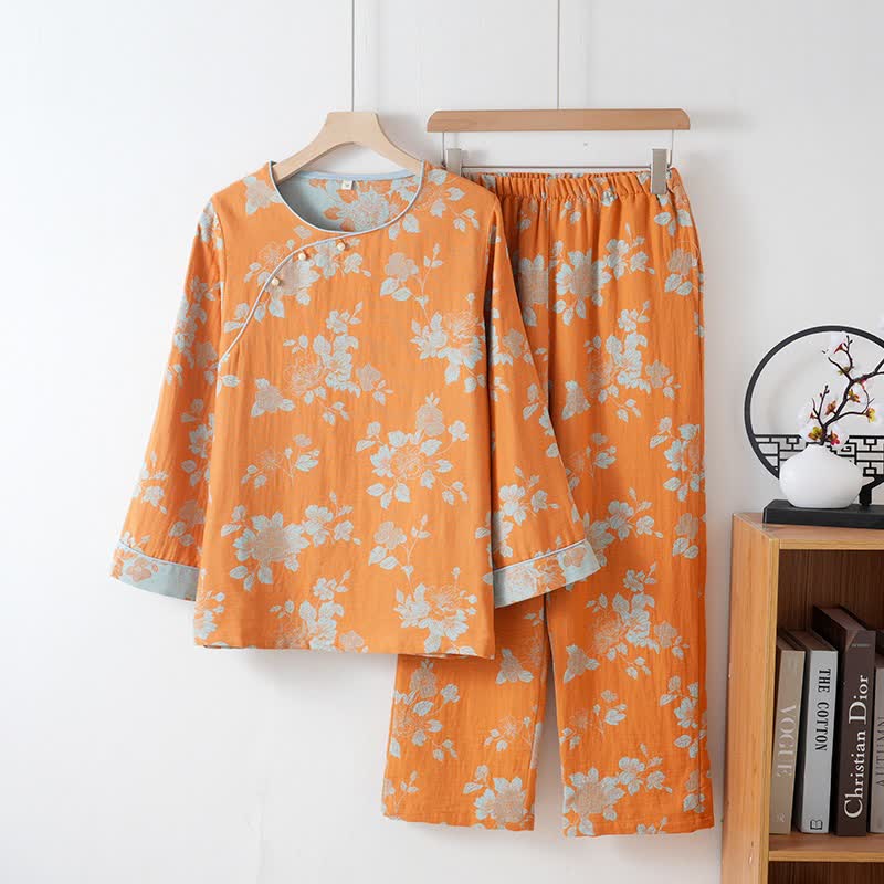 Vintage-Pyjama aus Baumwolle mit asiatischem Blumenmuster - Orange - XXL - image 0