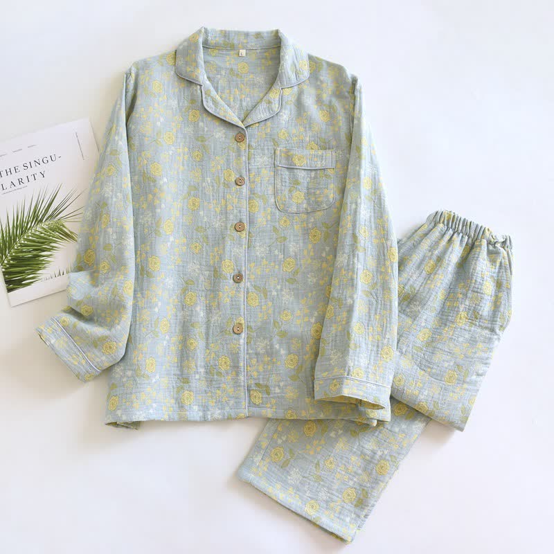 Pyjama-Set aus Baumwolle im Vintage-Stil mit Rosenjacquardmuster - Grün - XL - image 18