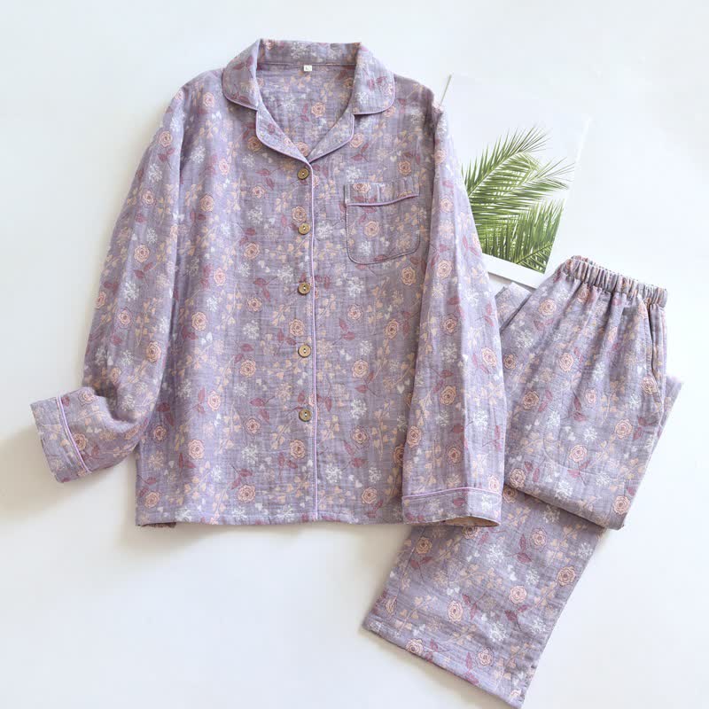 Pyjama-Set aus Baumwolle im Vintage-Stil mit Rosenjacquardmuster - Lila - XL - image 16