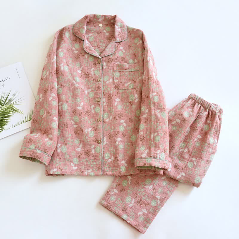 Pyjama-Set aus Baumwolle im Vintage-Stil mit Rosenjacquardmuster - Rosa - XL - image 3