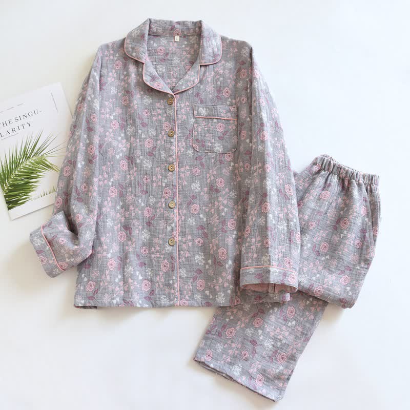 Pyjama-Set aus Baumwolle im Vintage-Stil mit Rosenjacquardmuster - Grau - XL - image 20