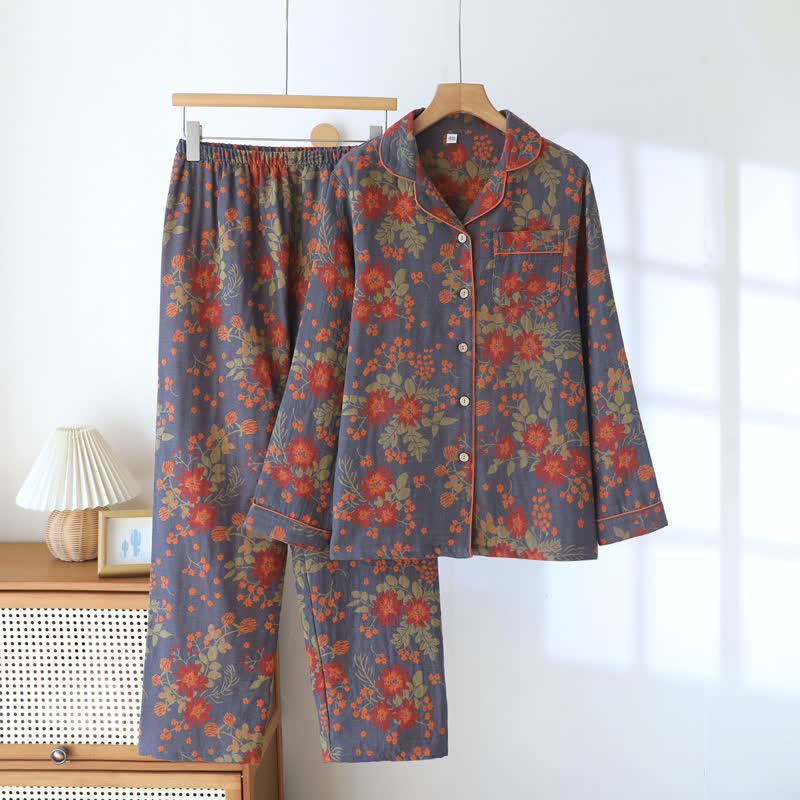 Vintage-inspirierter Pyjama aus Baumwollgaze mit Blumenmuster - Grau - XXL - image 0