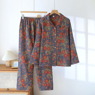 Vintage-inspirierter Pyjama aus Baumwollgaze mit Blumenmuster - Grau - XXL - image 0